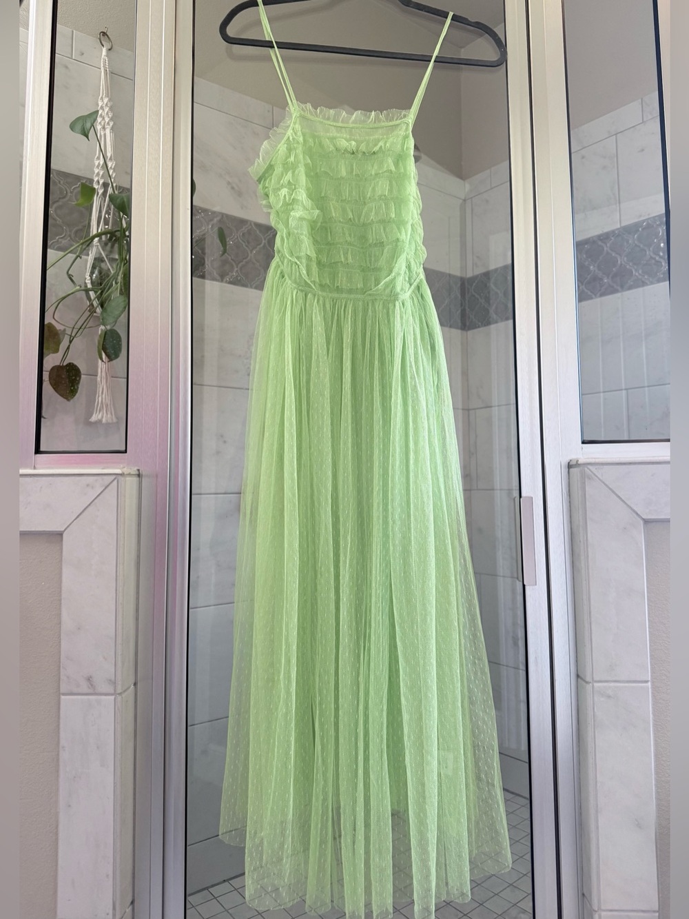Spaghetti Strap Ruffled Tulle Maxi Dress - Lime Green